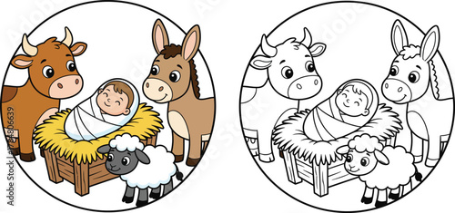Baby Jesus in Manger with Barn Animals Cute Cartoon Round Design in Color and Line Art
