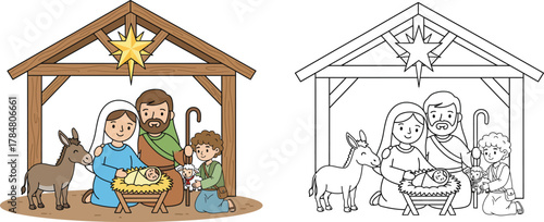 Complete Nativity Scene with Holy Family, Shepherd Boy, Donkey, and Stable Color and Line Art