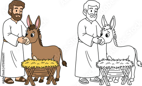 Joseph and Donkey with Empty Manger - Awaiting Baby Jesus Cartoon Color and Line Art