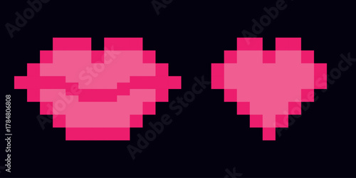 Pink pixel lips and heart icons playful retro Valentine sticker pack for messaging, bold neon palette, chat, social posts compact sprite design, greeting cards, upbeat romantic mood St Valentine Day