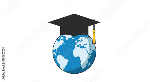 Celebrate global education with this world globe topped by a graduation cap, a symbol of learning, knowledge, and international academic success