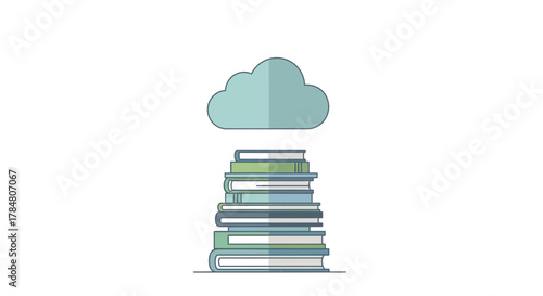 Stack of books with a cloud overhead for learning and knowledge, symbolizing education, data storage, digital library, and online learning resources