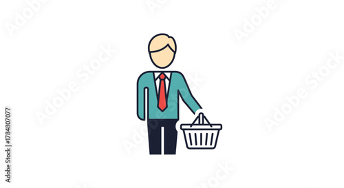 Stylish shopper with basket, ready for retail therapy or grocery run. Perfect for illustrating shopping, sales, or consumer behavior with a modern touch.