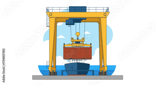 Efficient container loading with vibrant harbor crane, symbolizing global trade and shipping logistics, a modern illustration of maritime commerce