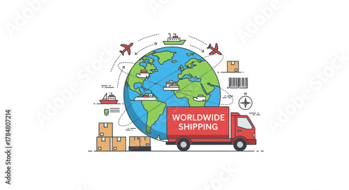 Global shipping solutions with modern truck, airplane and ship icons circling the world, offering fast worldwide delivery, perfect for logistics brands