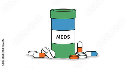 Medication bottle and pills for health, wellness, and medical care, ideal for advertising pharmaceutical products or healthcare services, originally vector graphics