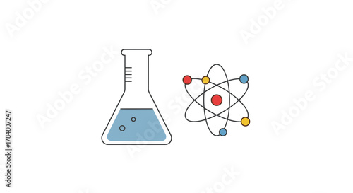 Explore science with this modern image of a lab flask and atom illustration, perfect for educational materials, presentations, or science-themed designs