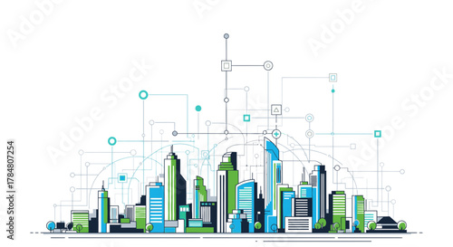 Dynamic city skyline illustration showcasing modern connectivity and innovation, perfect for tech, business, and urban development projects
