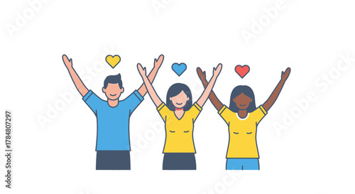 Diverse team celebrating success with heart symbols, embodying unity, appreciation, and positive teamwork in a modern, vibrant, and inclusive environment