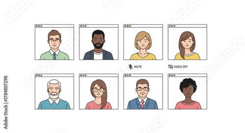 Diverse team connecting remotely in a virtual meeting, showcasing collaboration and communication in a modern online workspace and muted video off icons