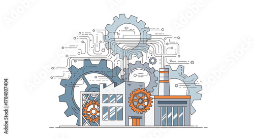 Streamlined factory automation illustration with gears, a modern representation of industrial processes, ideal for engineering and manufacturing concepts