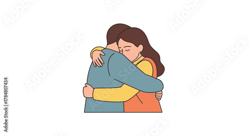 Warm embrace between loved ones shows support, friendship, comfort, and connection in a stylized design with a nostalgic, caring, and loving sentiment