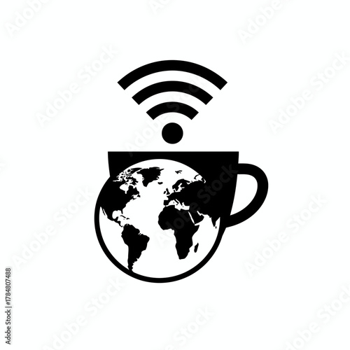 Illustration of a coffee cup with a world map inside and a wifi symbol above it in black and white style