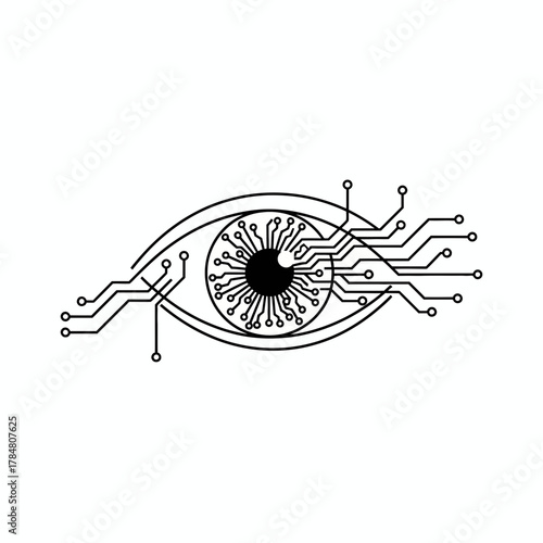 Illustration of a stylized eye with a circuit board pattern emanating from the iris in black and white