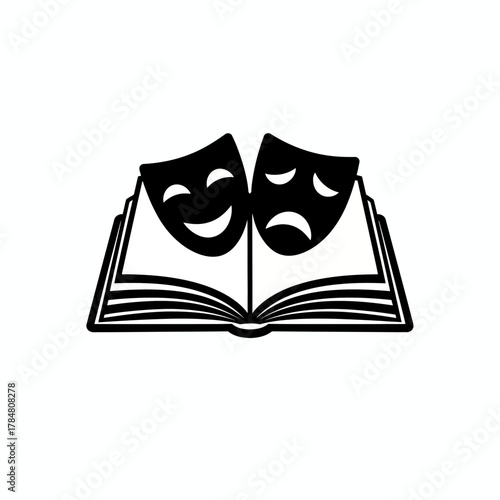 A book is open with theatrical masks of comedy and tragedy shown on the pages in black and white art