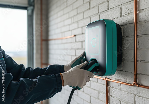 Technician wearing gloves installing or connecting a green electric vehicle charging station (EV wallbox) mounted on a modern white brick wall with exposed copper infrastructure.