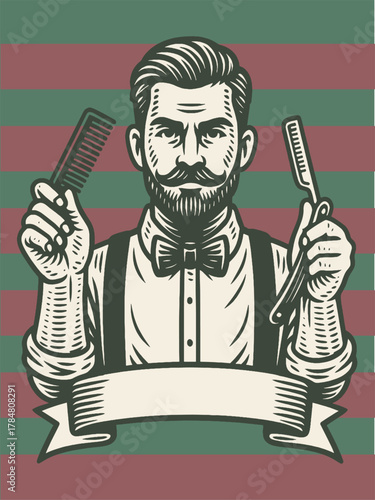 Barber with comb and razor, vintage engraving vector illustration