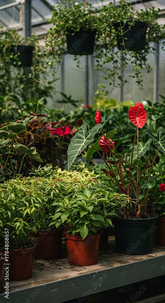 Fototapeta premium A vibrant array of potted plants flourishing in a sunlit greenhouse, showcasing diverse foliage and beautiful blooms ,cultivation ,thrive ,flora
