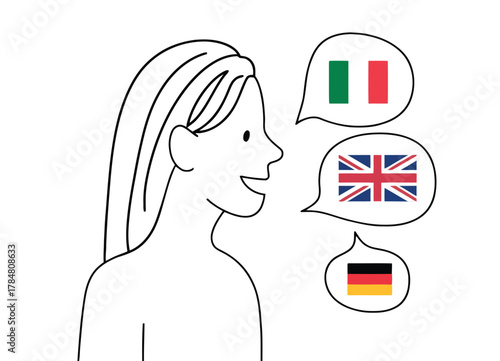 Woman speaking multiple languages with Italian, British, and German flags in speech bubbles talking communication