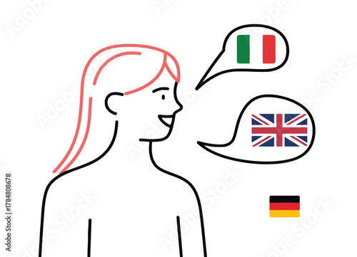 Woman with red hair strands speaking multiple languages with Italian, British, and German flags talking