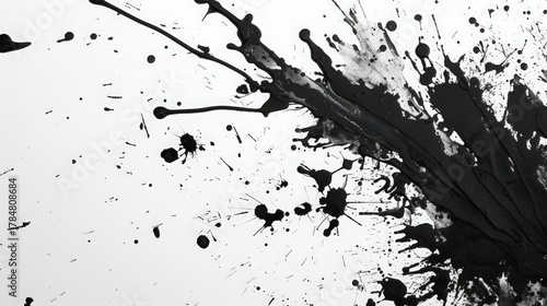 Black ink splashes and droplets on white background, abstract liquid pattern, dynamic paint spread, artistic ink blot.