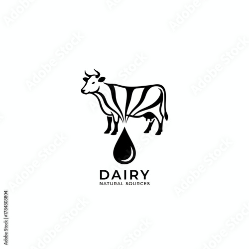 Stylized dairy cow with a milk drop in black and white for natural sources logo design illustration