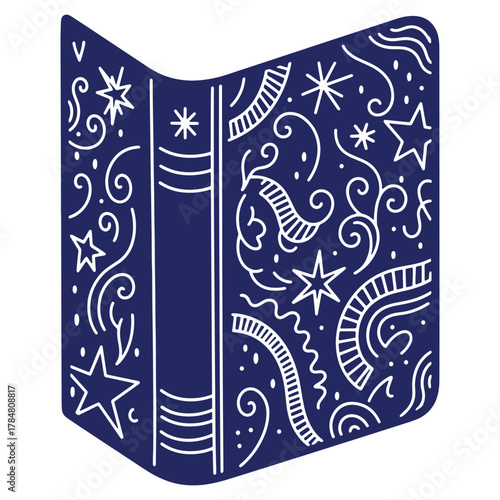 Open book with abstract celestial decorations representing knowledge imagination and stories for educational and creative projects