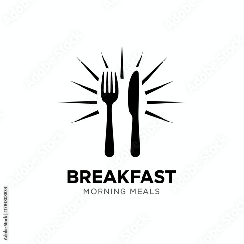 Illustration of a fork and knife with radiating lines suggesting breakfast or morning meals concept design