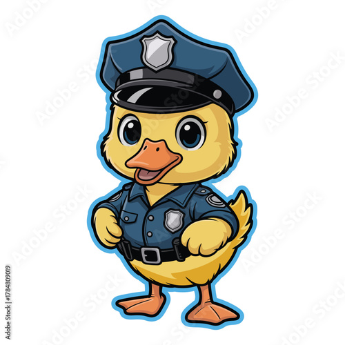 Cute cartoon duckling dressed as a police officer in uniform for sticker format.