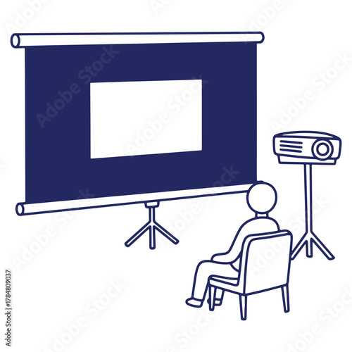 Presentation Setup with Screen Projector and Audience Member in Simple Line Art Style Depicting Knowledge Sharing and Education
