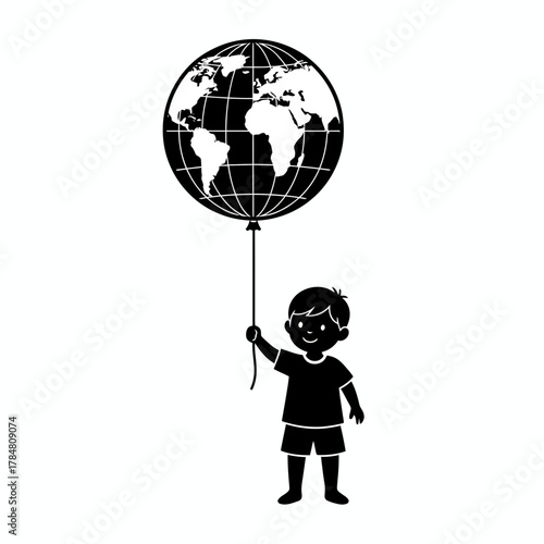 Silhouette of a boy holding a globe shaped balloon with continents visible and grid lines drawn on it