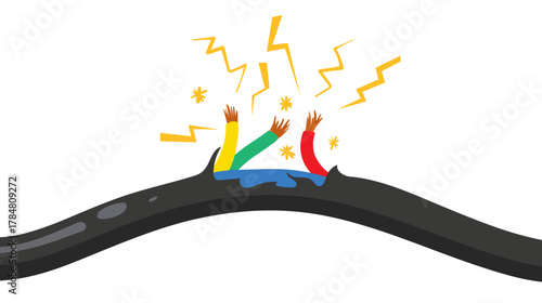 Danger of Power line damage. Vector illustration of a burning electrical cable wires,  stock illustration