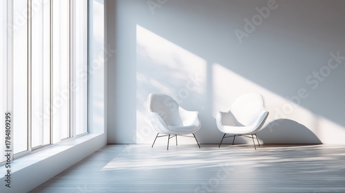 Minimalist Interior with Two Stylish White Chairs and Bright Natural Light Streaming Through Large Windows in a Modern Room