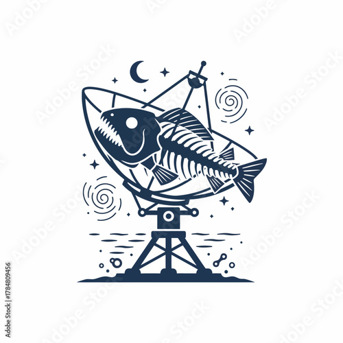 Illustration of a fish skeleton inside a satellite dish under a crescent moon and stars in dark blue color
