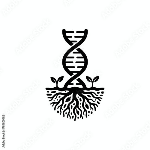 Illustration of a dna strand emerging from roots with small plants on either side of the roots