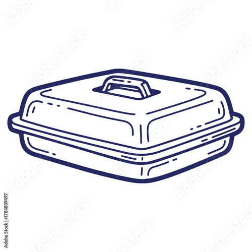 Simple and clean line art illustration of a covered baking dish or casserole carrier with handle and lid on a white background