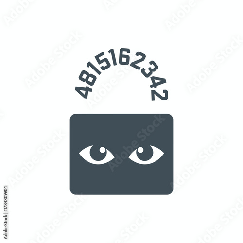 Illustration of a dark gray lock with eyes and numbers above it showing a password combination code