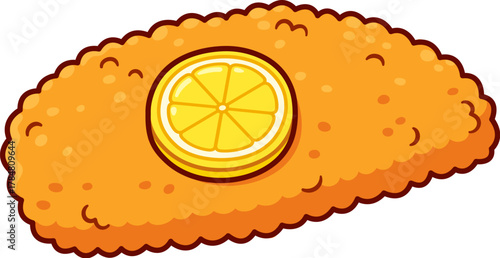 Wiener schnitzel, Milanesa, Tonkatsu. Breaded cutlet with slice of lemon drawing. Cute cartoon vector illustration.