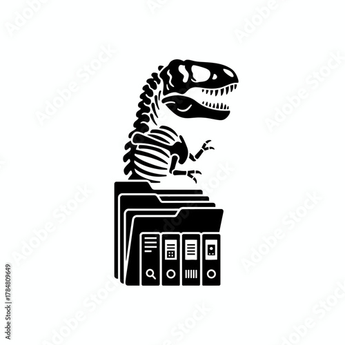 Silhouette of a dinosaur skeleton perched atop a stack of office file folders in black and white style