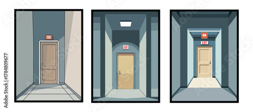 Liminal hallway bathed in quiet fluorescent light at midnight