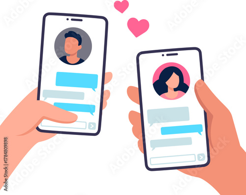 Couple in love texting. Male and female hand holding smartphones with text messages chat. Online dating app relationship.