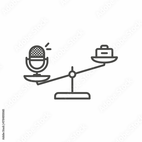 Microphone and weight on a balance scale showing concept of audio and value in a simple line art style