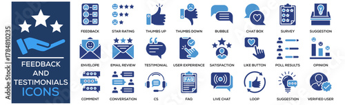 Feedback and Testimonials icon collection set. Containing design Feedback Form, Customer Review, Star Rating, Thumbs Up, Thumbs Down