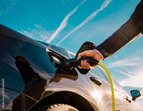 Woman opening an electric car charging socket cap and plugging in a charger