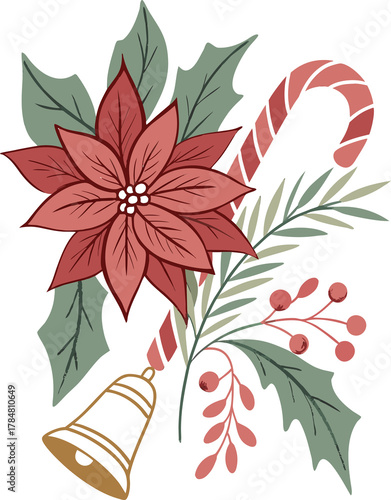 Watercolor Christmas 2026 clipart — poinsettia flower, pine leaves, candy cane, golden bell — soft watercolor texture, realistic style, transparent background