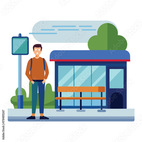 a man waiting on a bus station