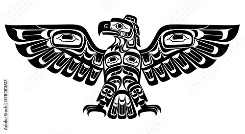 Pacific Northwest Indigenous Eagle Art. Tribal Totem Design Symbolizing Strength and Spirit.