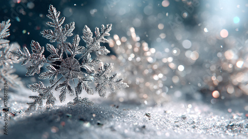 natural snowflakes on snow,icy atsmophere,cold,generative ai