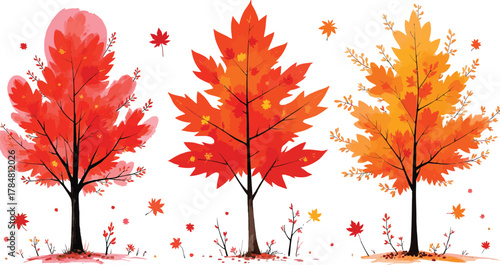 Autumn trees with falling leaves colorful foliage illustration for design