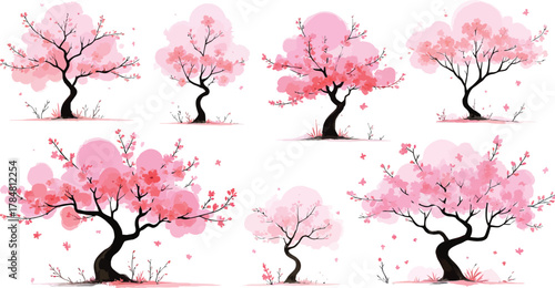 Beautiful pink cherry blossom trees collection in artistic style illustration